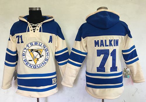 Penguins #71 Evgeni Malkin Cream Sawyer Hooded Sweatshirt Stitched NHL Jersey - Click Image to Close